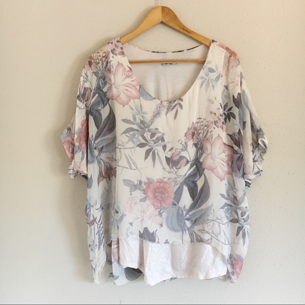 Elena Baldi Pink & Blue Floral 100% Silk Blouse